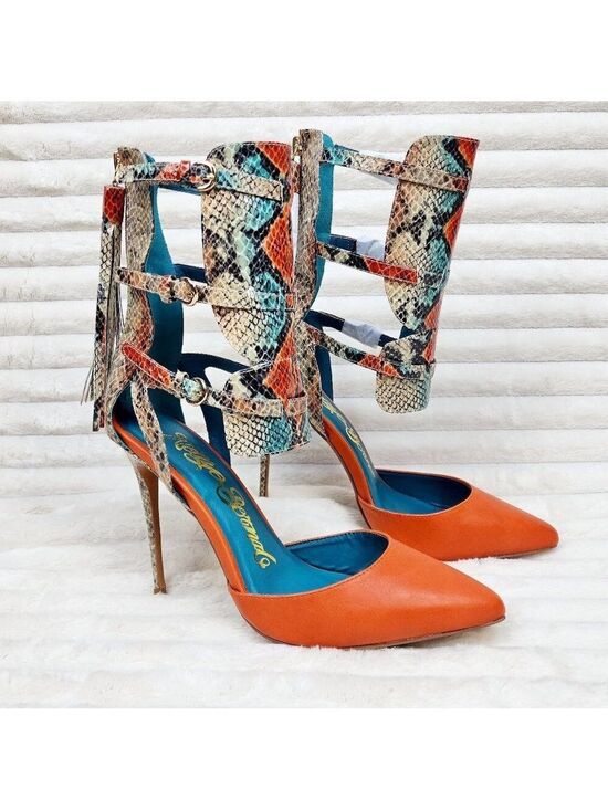 Nelly Bernal Shoes - Unique Colorful Shoes Copper Snake Print Nelly Bernal Stiletto High Heels Tassle